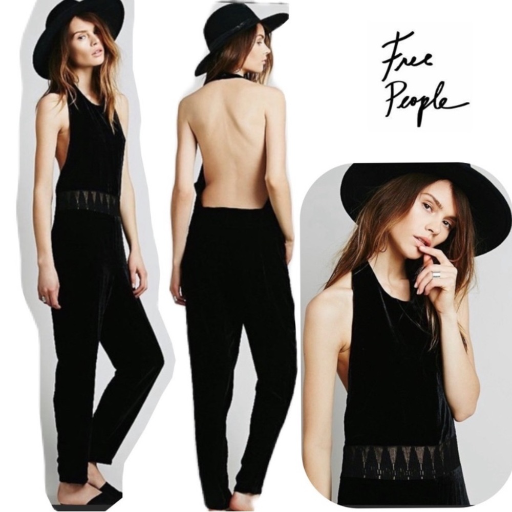 Free People Black Velour Halter Jumpsuit